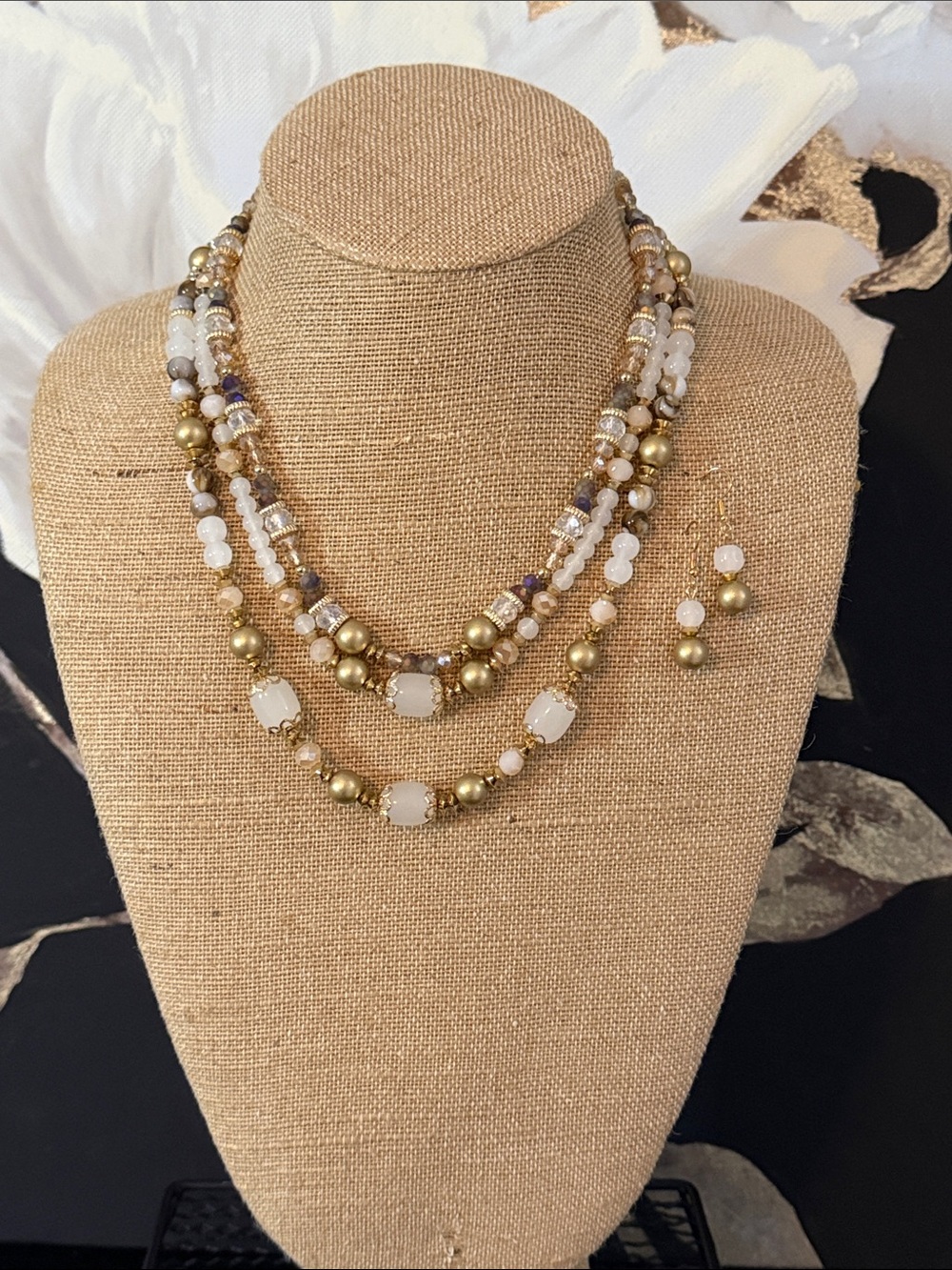 Elegant Gold and White Beaded Multi-Strand Necklace Set